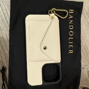 Bandolier Cream Phone Case with Leather Texture and Gold Clasp